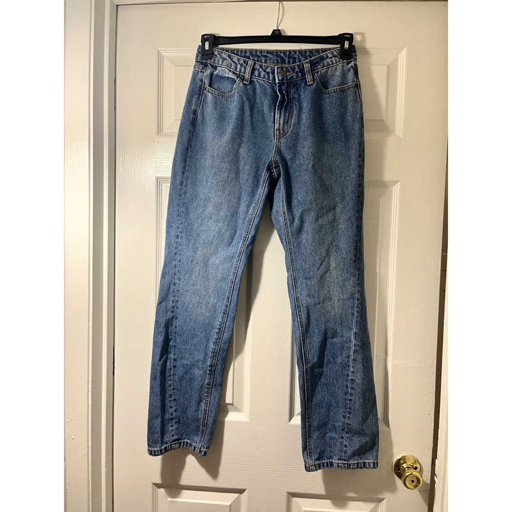 Future Collective Kahlana Barfield Brown Blue Straight‎ Leg Seam Front Jeans 4